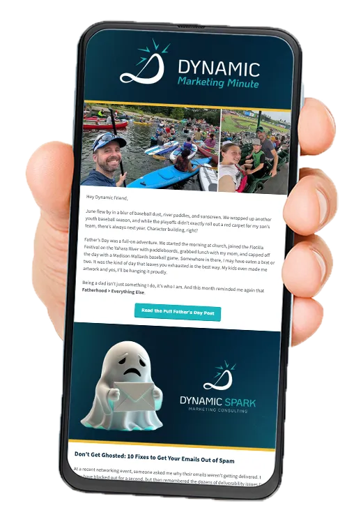 Hand Holding Phone with Dynamic Marketing Minute enewsletter